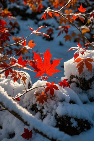 Outdoor scene of red maple leaves after snowの素材