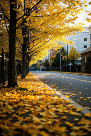 The scene of yellow leaves paving the ground on the autumn streetsの素材