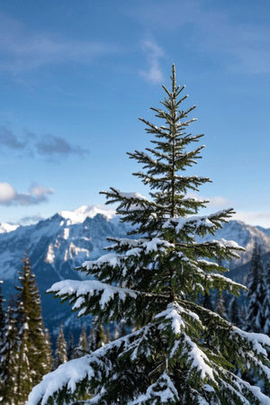 Snowy pine trees against a backdrop of snow capped mountainsの素材