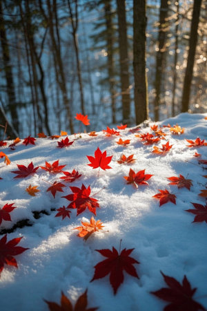 Red maple leaves scattered on the snowの素材