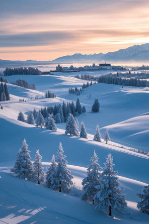 Winter snow covered forests and distant buildingsの素材