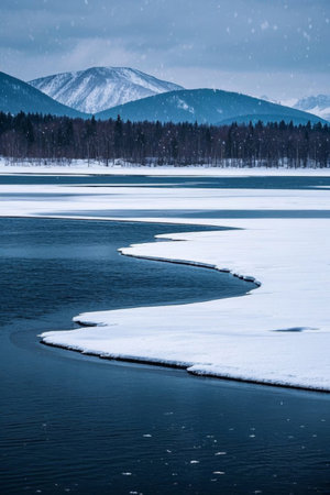 Winter snow covers the mountains, rivers and forestsの素材