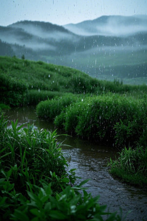 Rainy mountain streams and green landscapesの素材