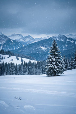 Snowy cedar forest at the foot of the snow mountainの素材