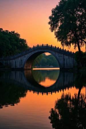 Dusk Arch Bridge Lake Reflections Landscapeの素材