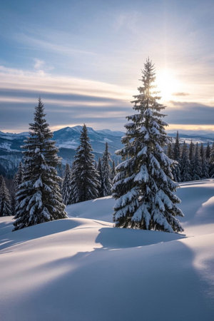 Winter Snow Mountain Forest Sunshine Landscapeの素材