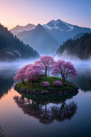 Pink cherry blossoms in bloom on a small island in the lakeの素材