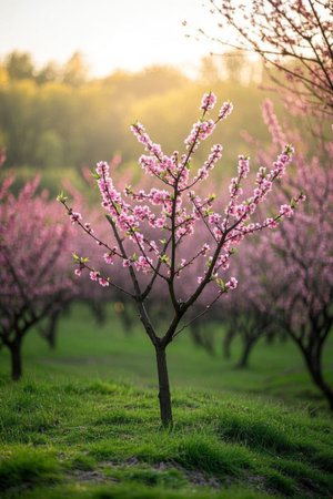 Pink peach blossom trees in springの素材