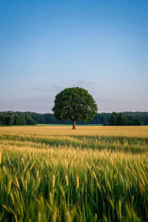 Landscape of independent trees in wheat fieldsの素材