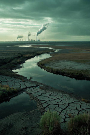 Long view of the factory next to the arid landの素材