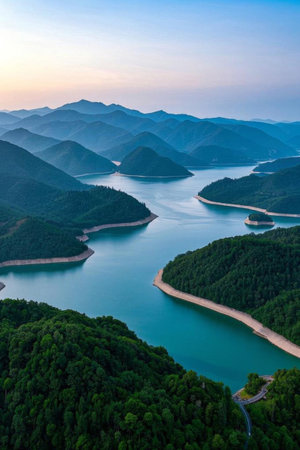 Panoramic natural scenery of mountains and rivers reservoirsの素材