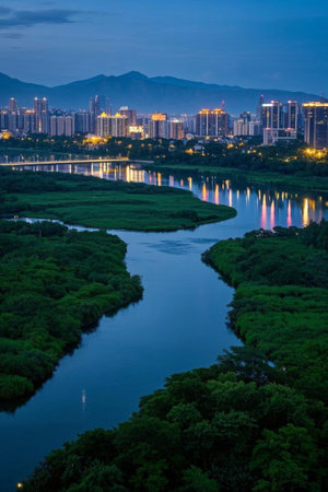 Twilight landscape of urban riverside wetlandsの素材
