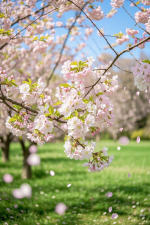 Cherry blossom trees in full bloom and falling petalsの素材