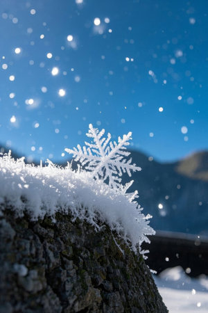 Close up of snowflakes covering the rocky snow sceneの素材