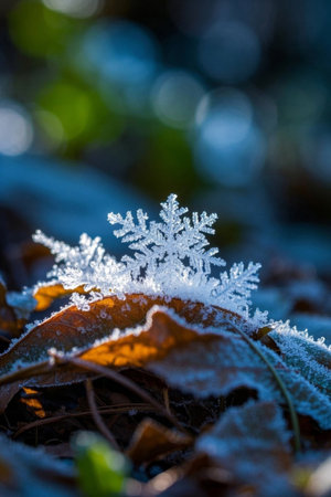Macro close up of snowflakes on frost leavesの素材