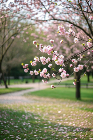 Pink cherry blossoms in bloom in the parkの素材