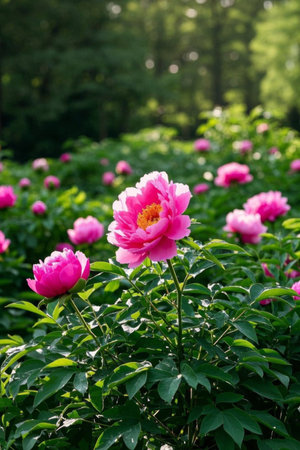 Pink peony bushes in bloomの素材