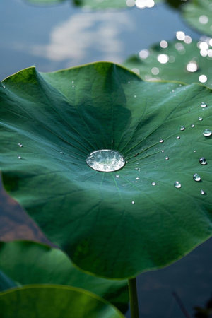 Close up of crystal water beads on lotus leavesの素材