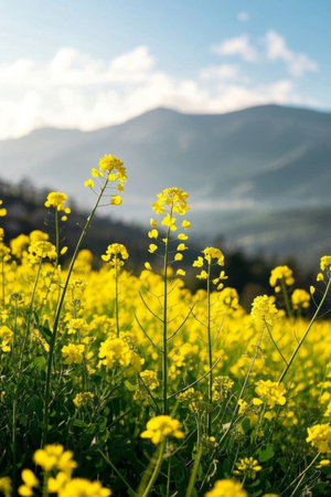 Rapeseed flower sea and distant mountain sceneryの素材