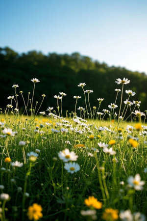 Daisy meadows in bloom in the sunの素材