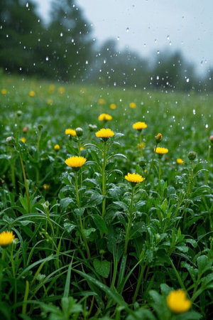 Yellow wildflowers and greenery blooming in the rainの素材