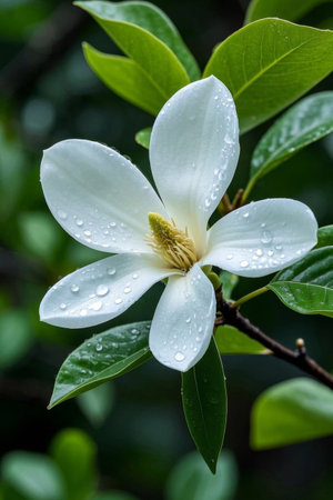 Close up of white flowers with water beadsの素材