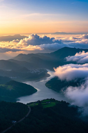 Sunrise scene of sea of clouds in mountains and riversの素材