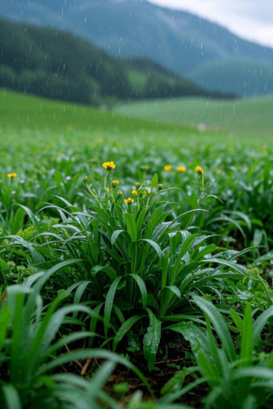 Close up of small yellow flowers in the grass in the rainの素材