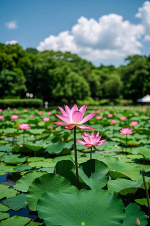 Pink lotus flowers and leaves blooming in the pondの素材