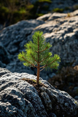 Small pine trees growing on the rocksの素材