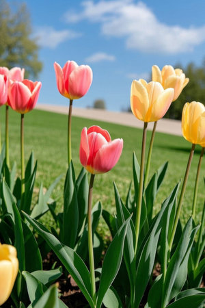 Colorful tulips in bloom in outdoor meadowsの素材