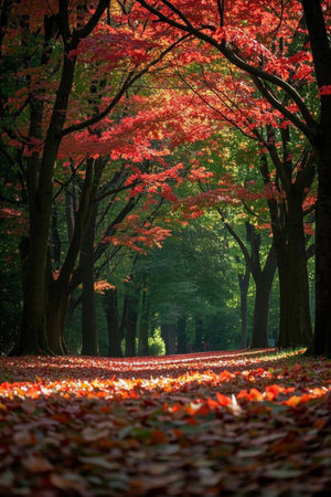 Beautiful views of the maple left boulevard in the autumn forestの素材