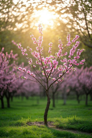 Pink peach blossom trees blooming in the sunの素材