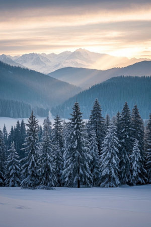 Snowy forest under the snow capped mountainsの素材