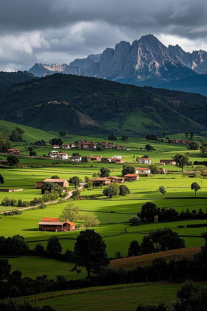 Green pastoral scenery at the foot of the mountainの素材