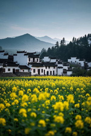 Hui style houses next to rapeseed fields in Wuyuanの素材