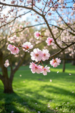 Blooming pink flowers and green grass sceneの素材