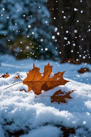 Dead yellow maple leaves falling in the snowの素材