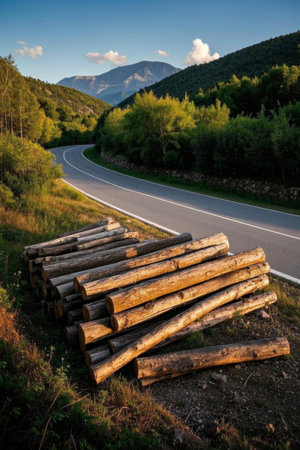 Logs piled up along the mountain roadの素材