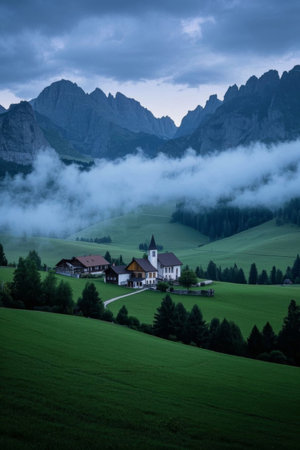 Rural scenery surrounded by mountain cloudsの素材