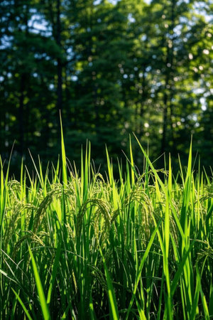 Green rice fields in the sunの素材