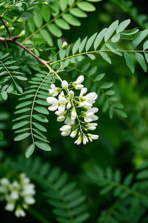 Close up of white flowers and green branches and leavesの素材