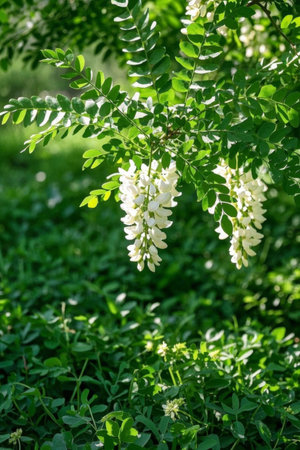 White locust flowers and green leaves in the sunの素材
