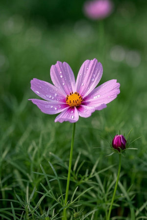 Close up of purple kelsang flowers with dewdropsの素材