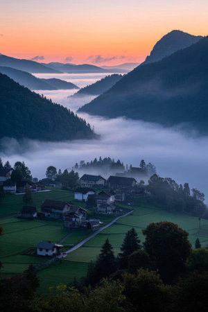 Mountain villages are filled with morning mistの素材