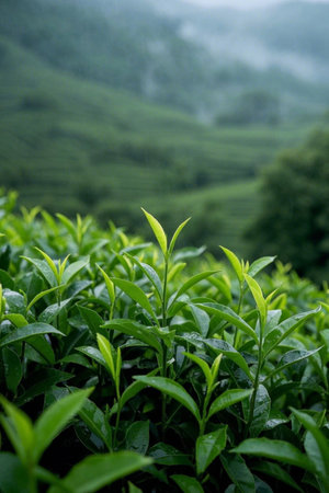 Close up photography of tender green tea leaves in the tea gardenの素材