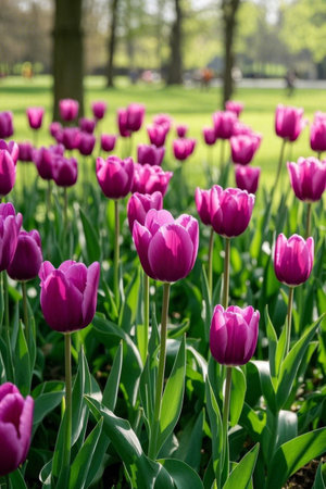 Purple tulip bushes in the parkの素材