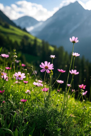 Pink wildflowers blooming in the mountain meadowsの素材