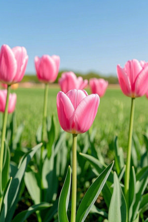 Pink tulips in bloom in green fieldsの素材