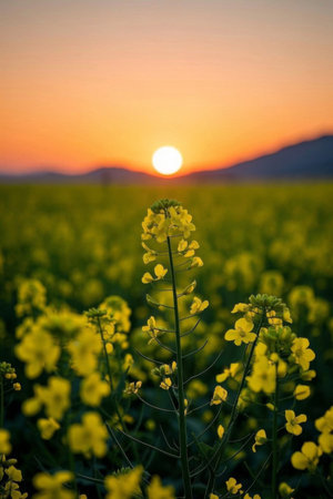 Rapeseed fields at sunsetの素材